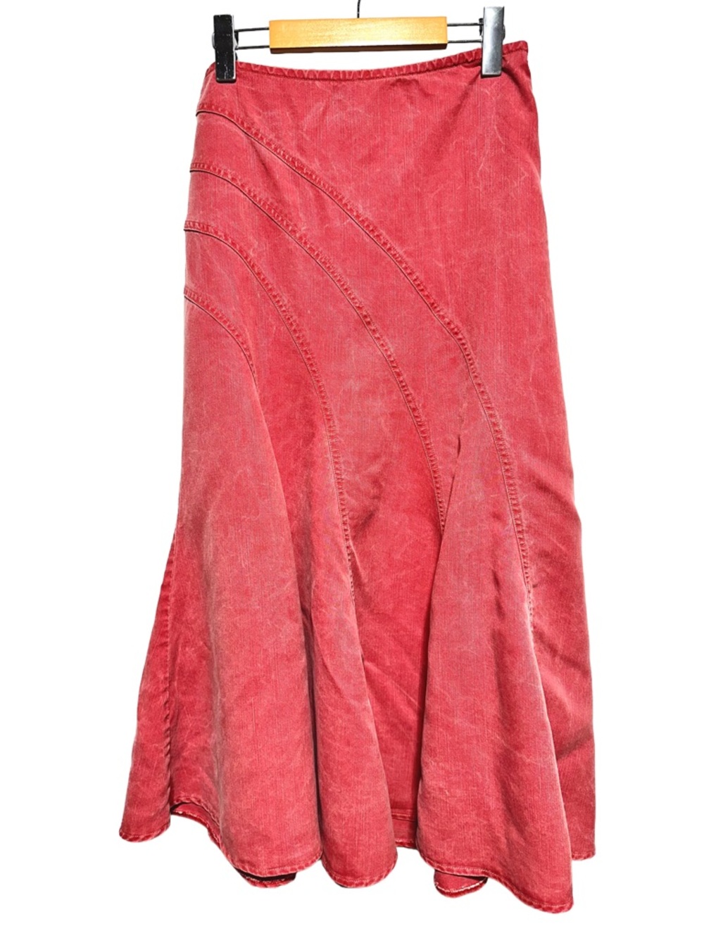 Boho Washed Coral Denim Look Midi Skirt Western Prairie Panel Flare Rustic Rodeo